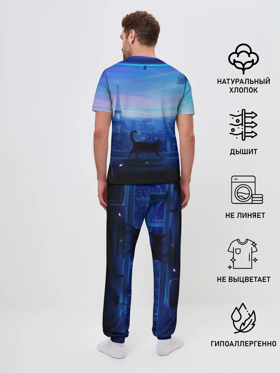 Мужская пижама с брюками / Кошка арт окно