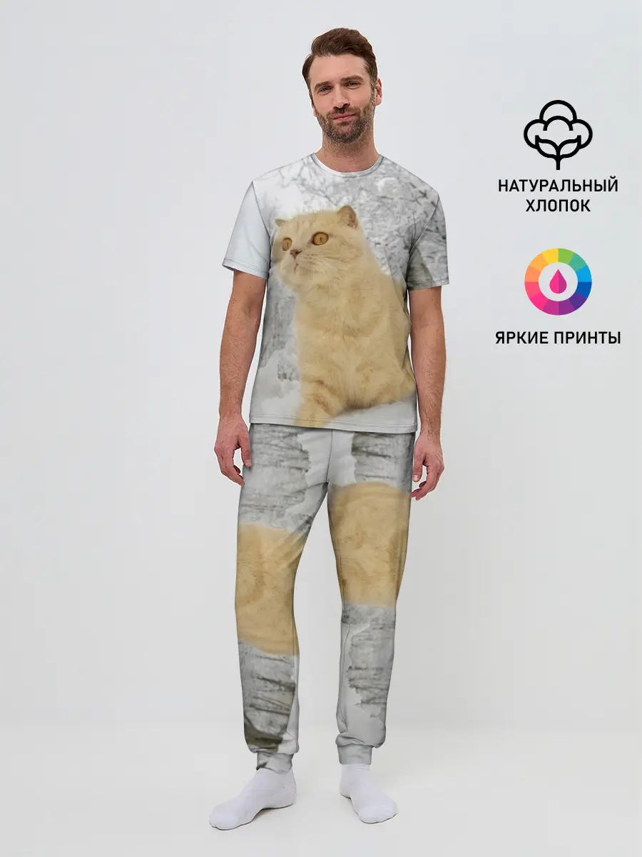 Мужская пижама с брюками / Кот и снег