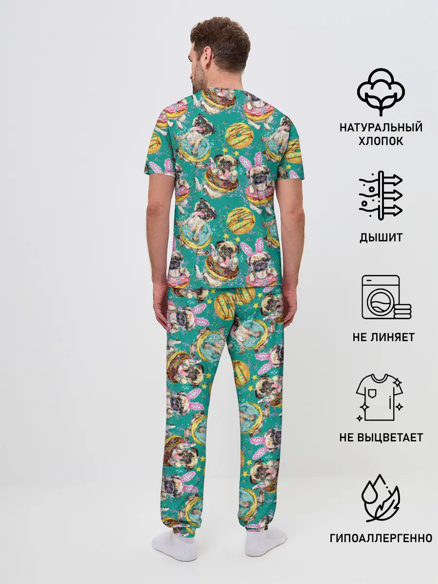 Мужская пижама с брюками / Мопсы в пончиках
