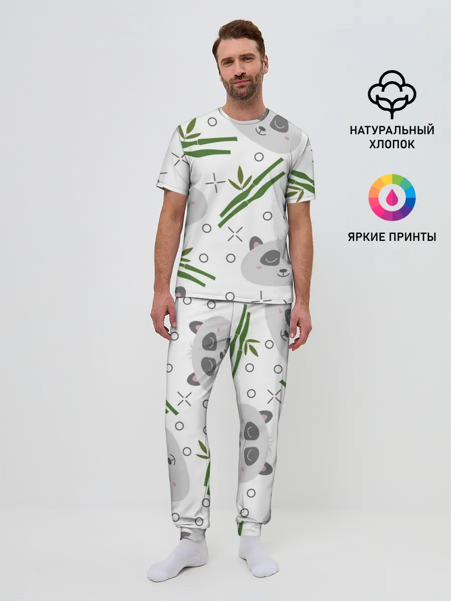 Мужская пижама с брюками / Панда с бамбуком