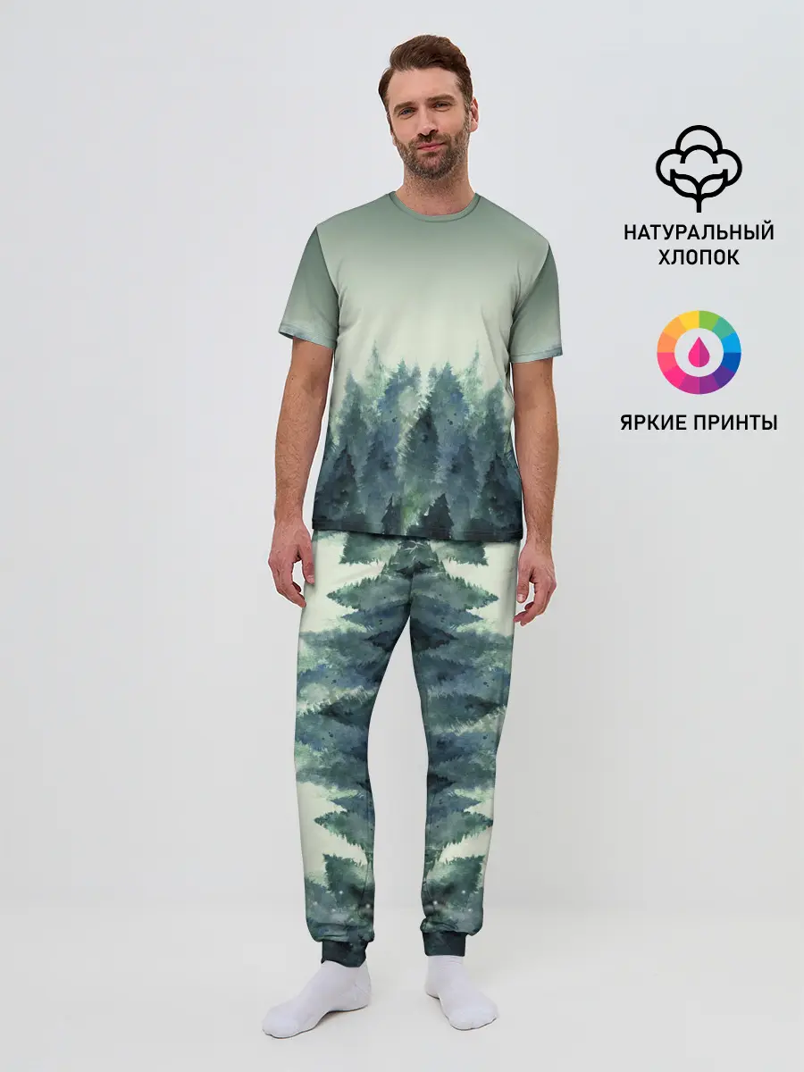 Мужская пижама с брюками / акварельный лес градиент