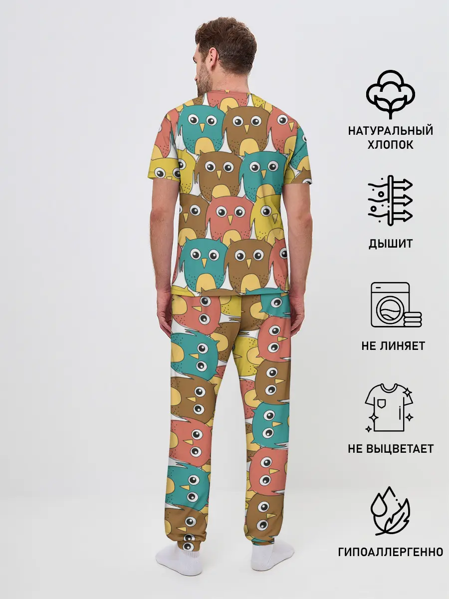 Мужская пижама с брюками / Разноцветные совы