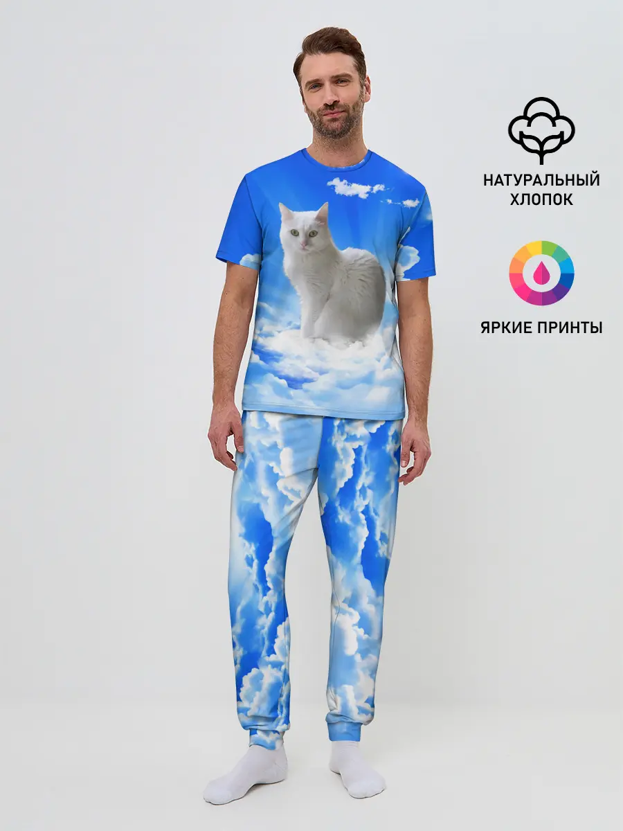 Мужская пижама с брюками / Кот в облаках