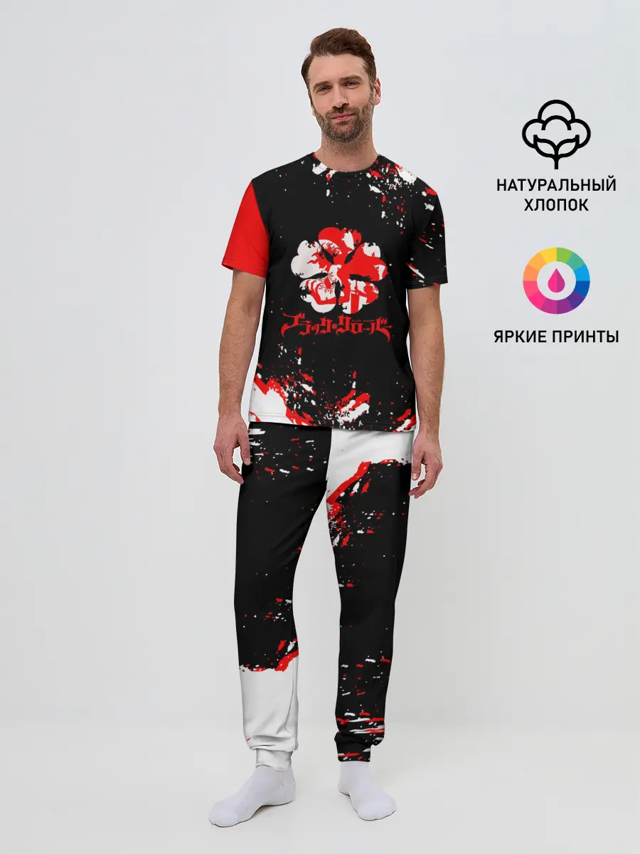 Мужская пижама с брюками / Черный Клевер с ярким красным куском