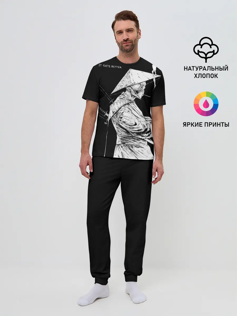 Мужская пижама с брюками / Самурай скелет с трубкой