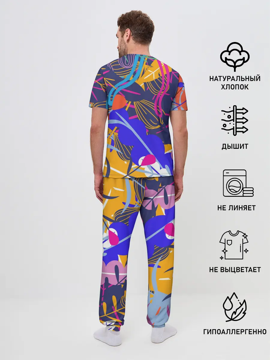 Мужская пижама с брюками / листья цветы текстура паттэрн