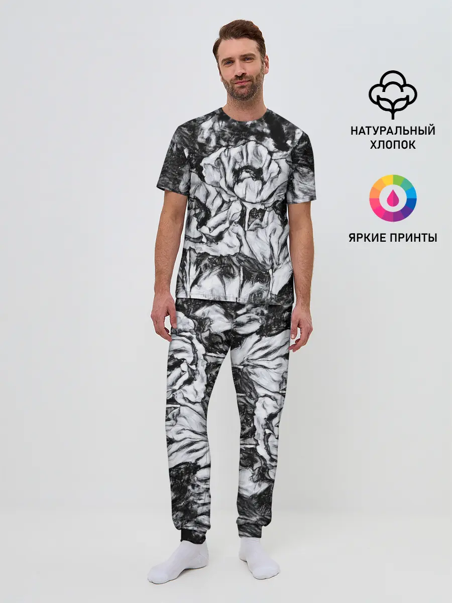 Мужская пижама с брюками / Черно-белый узор. Маки.