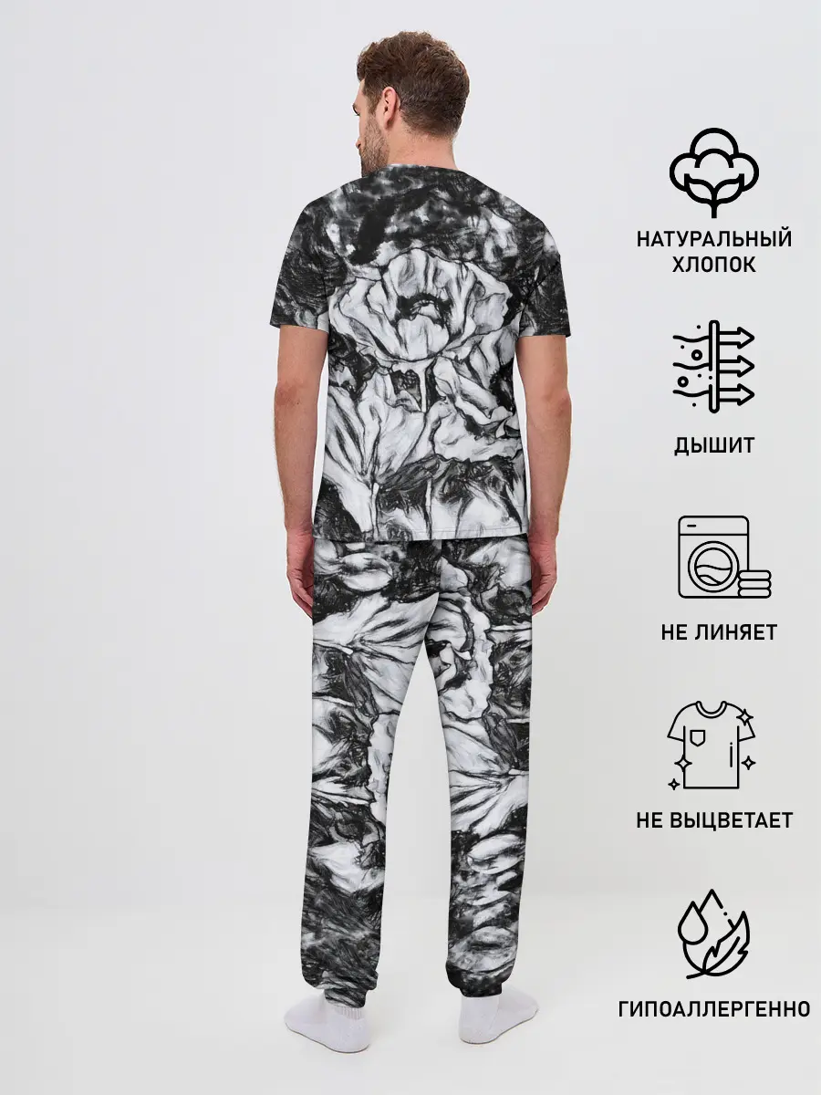Мужская пижама с брюками / Черно-белый узор. Маки.