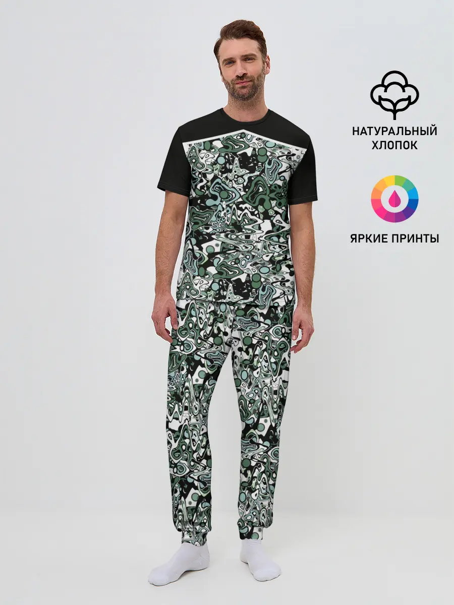 Мужская пижама с брюками / Черно-зеленые каракули