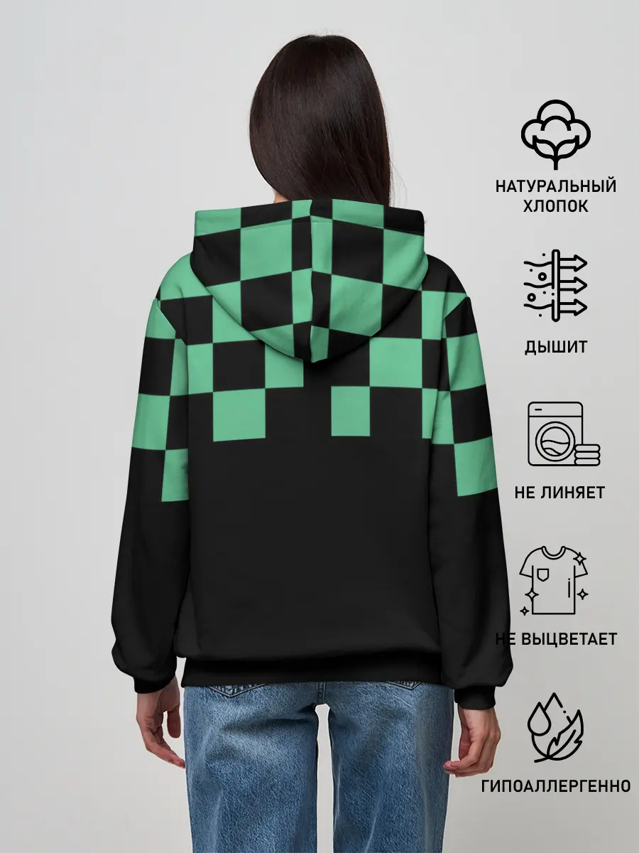 Женское худи / Kamado Tanjiro зеленые квадраты