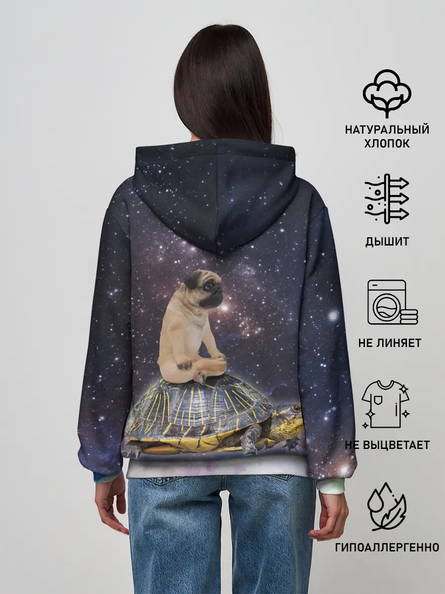 Женское худи / Мопс на черепахе в космосе