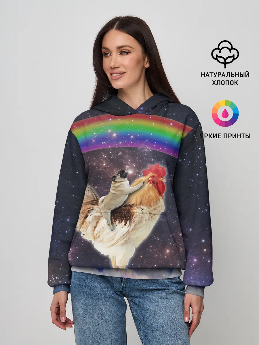 Женское худи / Мопс на курице в космосе