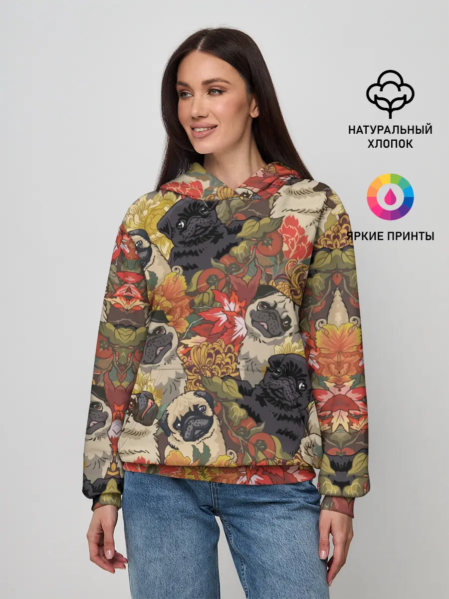 Женское худи / Мопсики | Цветочки