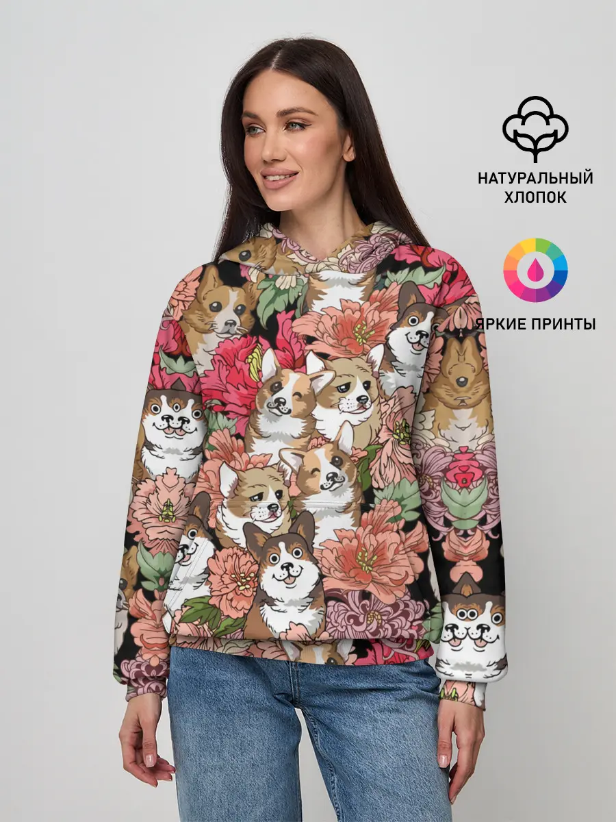 Женское худи / Корги & Цветы
