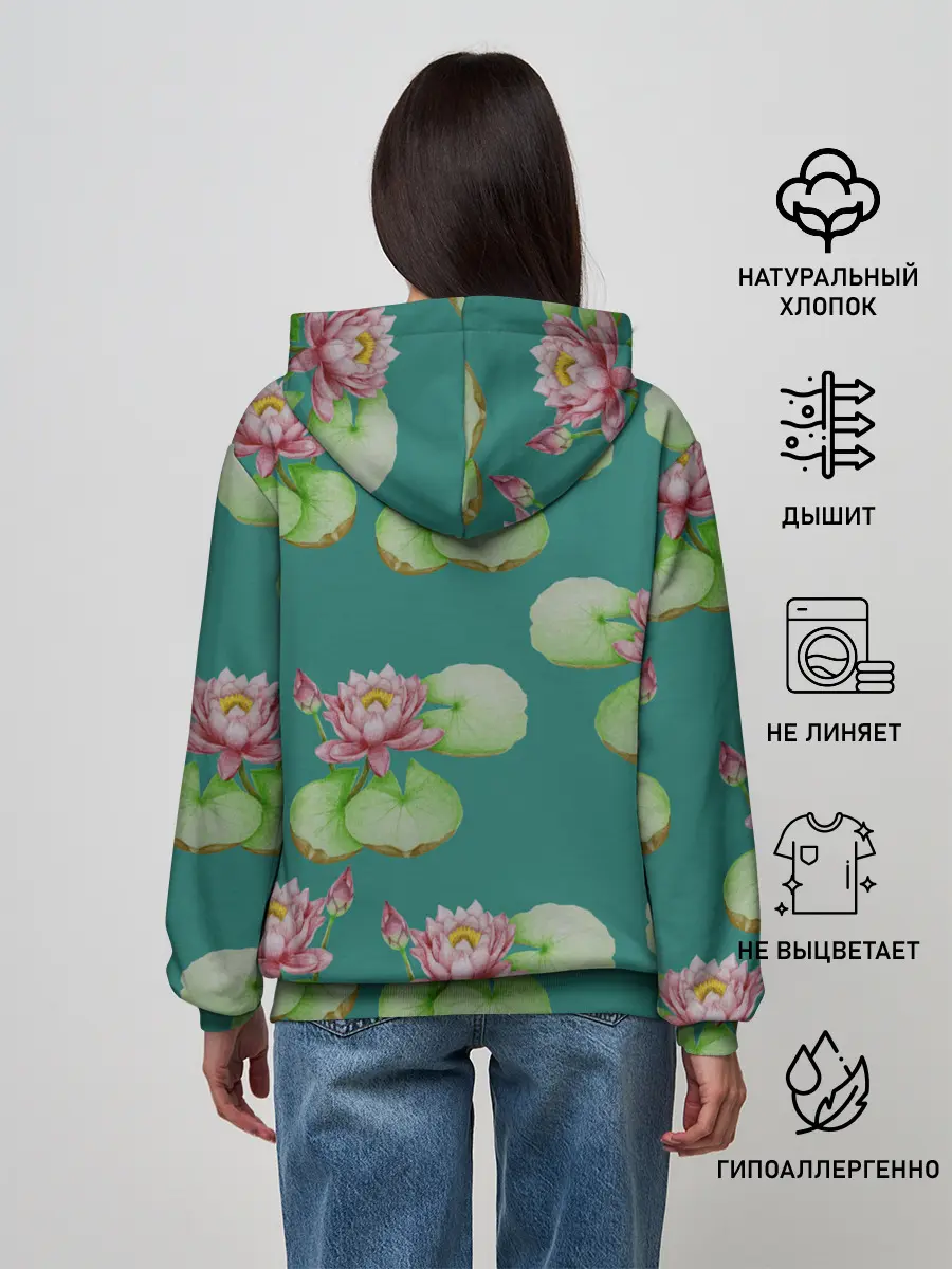 Женское худи / Лотосы на темно бирюзовом фоне