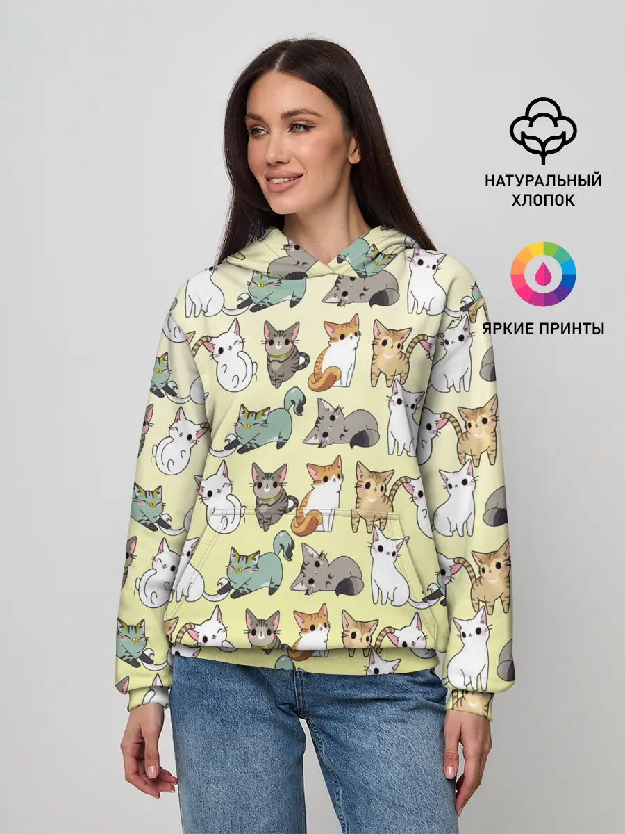 Женское худи / мультяшные котики на желтом мя