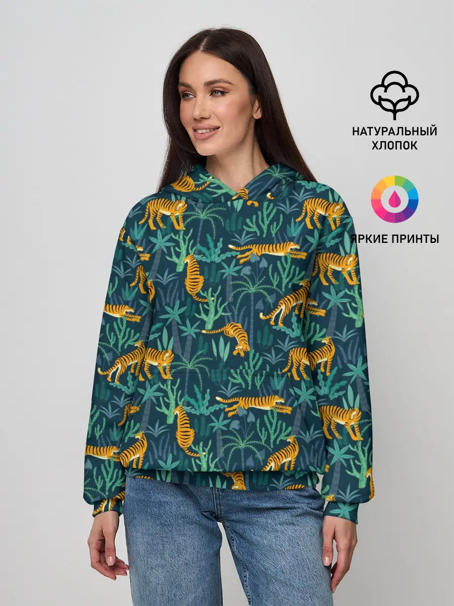 Женское худи / Паттерн из Тигров и Растений