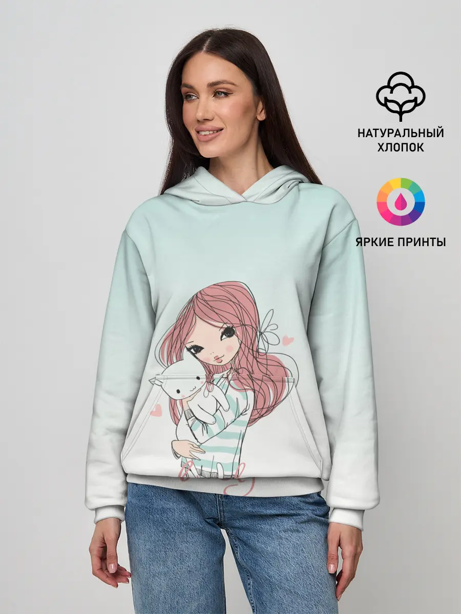 Женское худи / Девочка и любимый кот арт