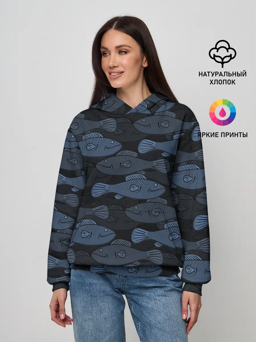 Женское худи / Синие рыбы на темном фоне