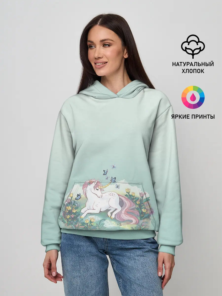 Женское худи / единорог с бабочками