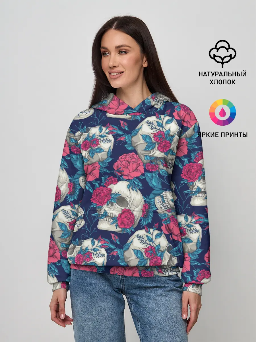 Женское худи / Реалистичные черепа с розами
