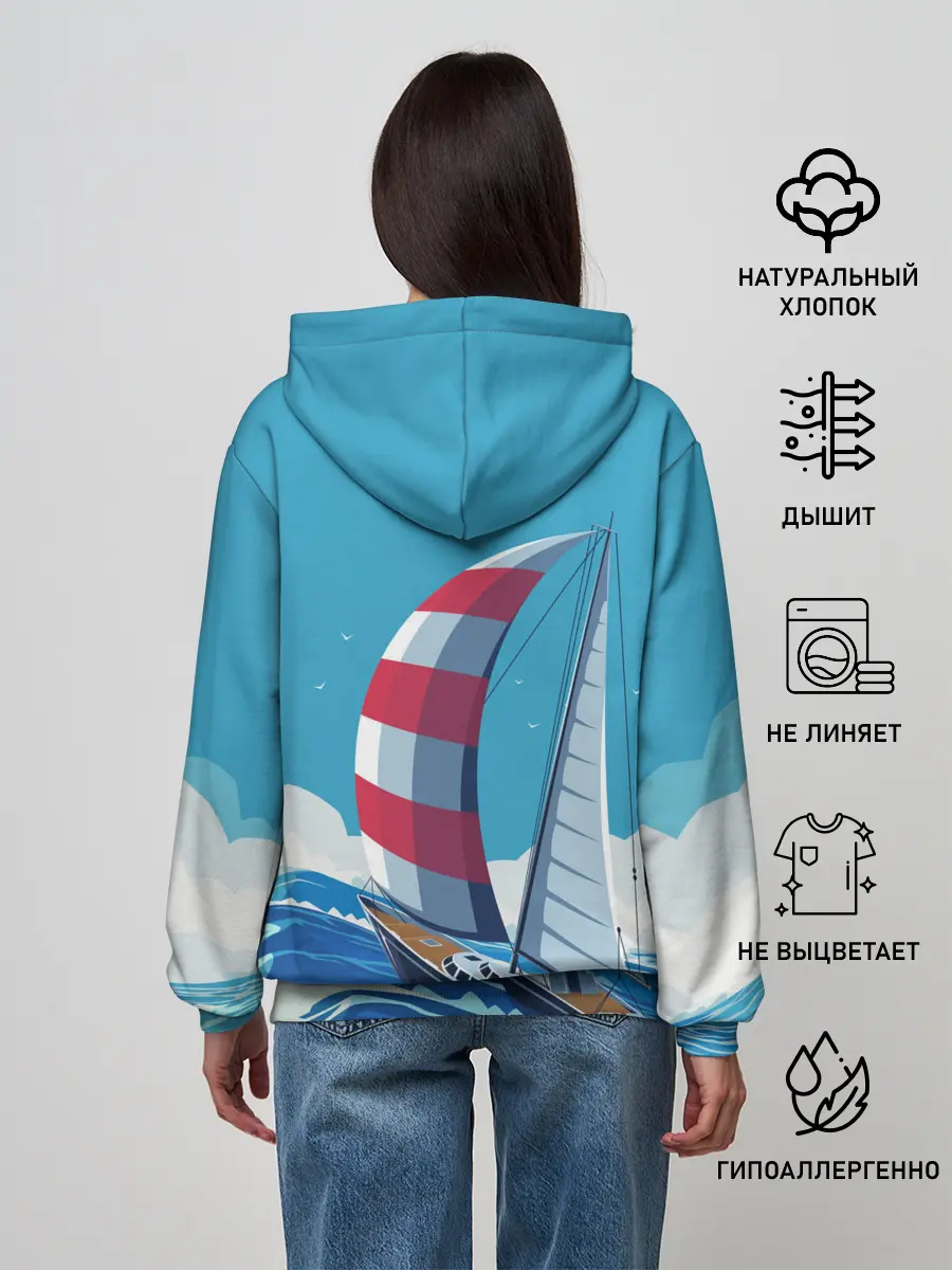 Женское худи / ПАРУСНИК В МОРЕ | ЛЮБЛЮ МОРЕ
