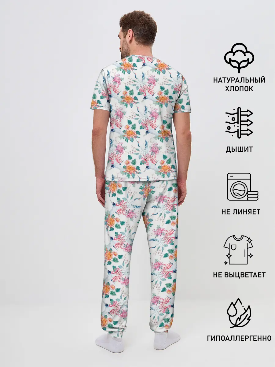 Мужская пижама с брюками / Журавли и хризантемы