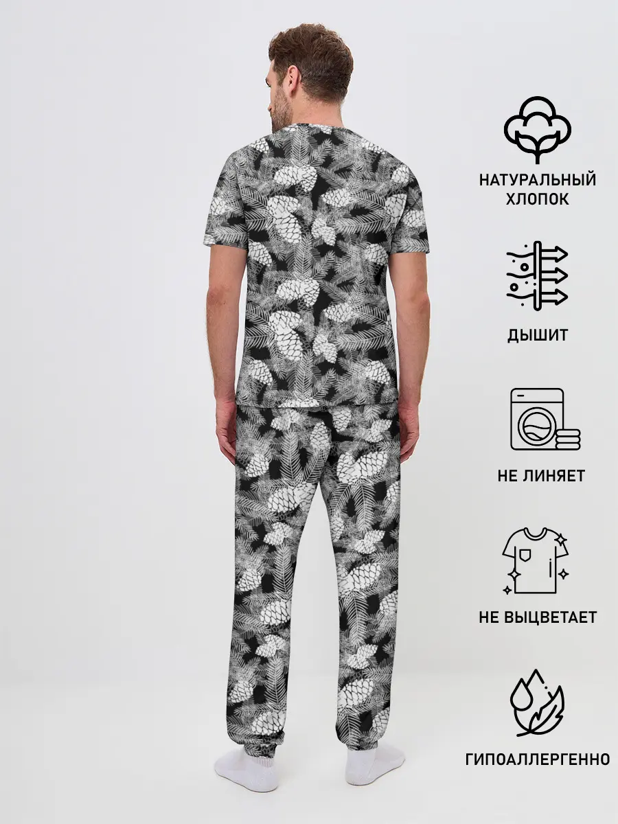 Мужская пижама с брюками / Черно-белый узор шишки