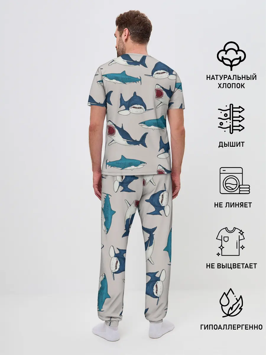 Мужская пижама с брюками / Кровожадные акулы паттерн