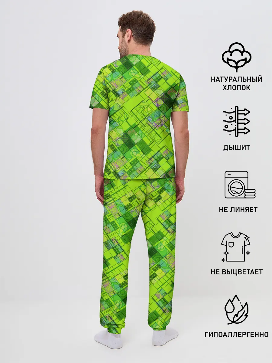 Мужская пижама с брюками / Ярко-зеленый абстрактный узор