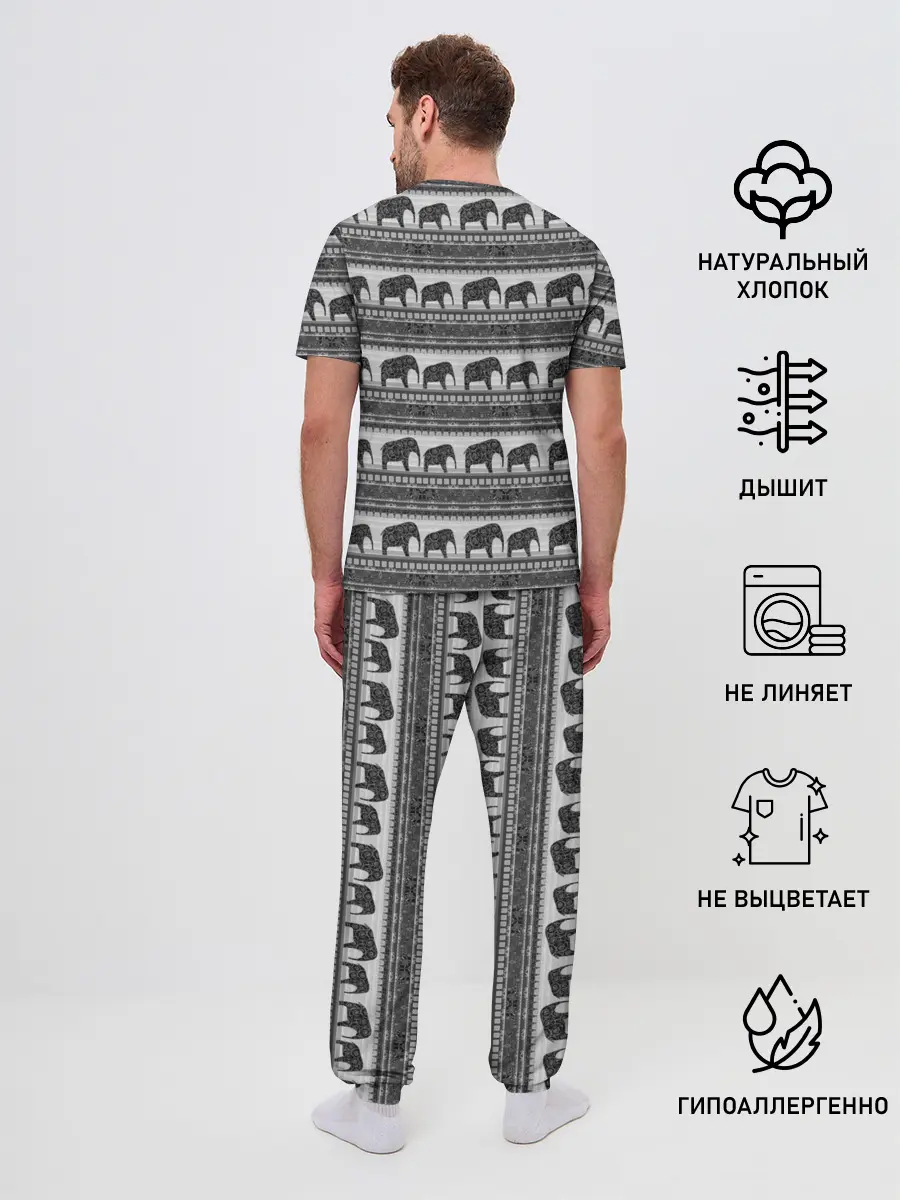 Мужская пижама с брюками / Черно-белый узор слоны
