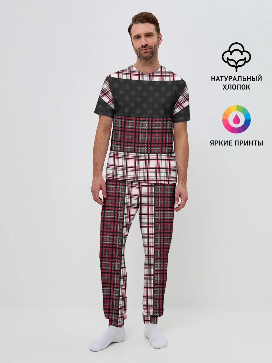 Мужская пижама с брюками / Комбинированный красно-серый
