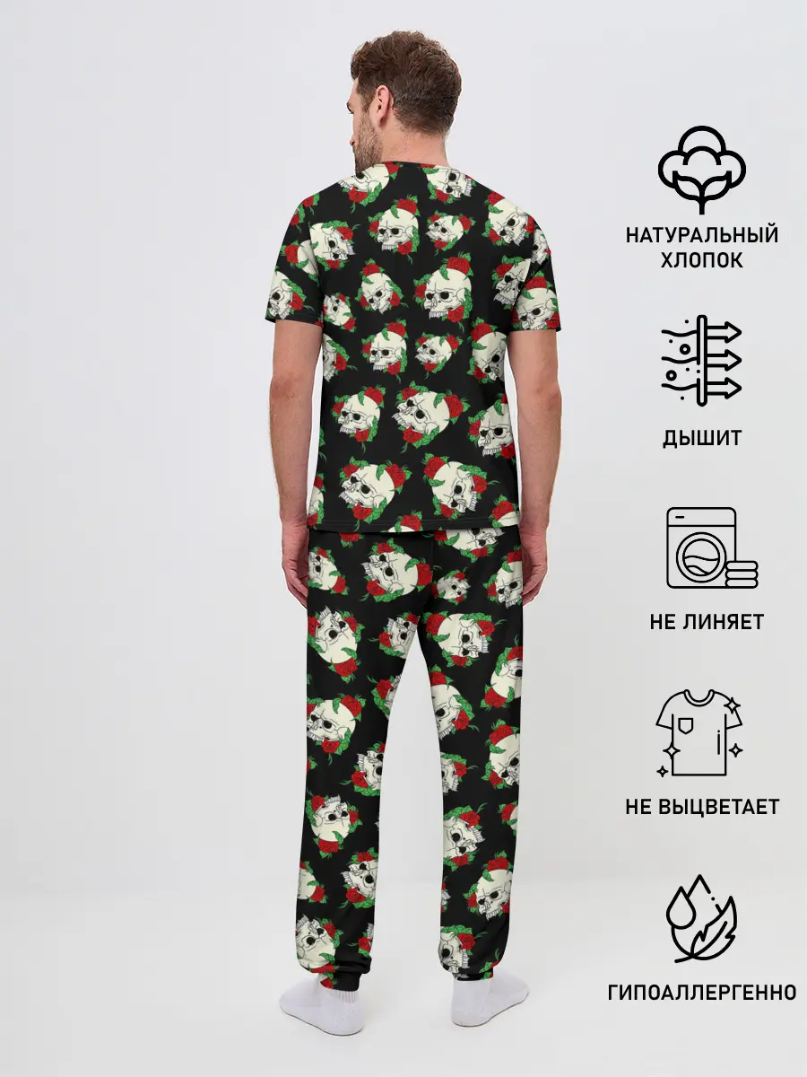 Мужская пижама с брюками / Черепа и розы / Skull and Roses