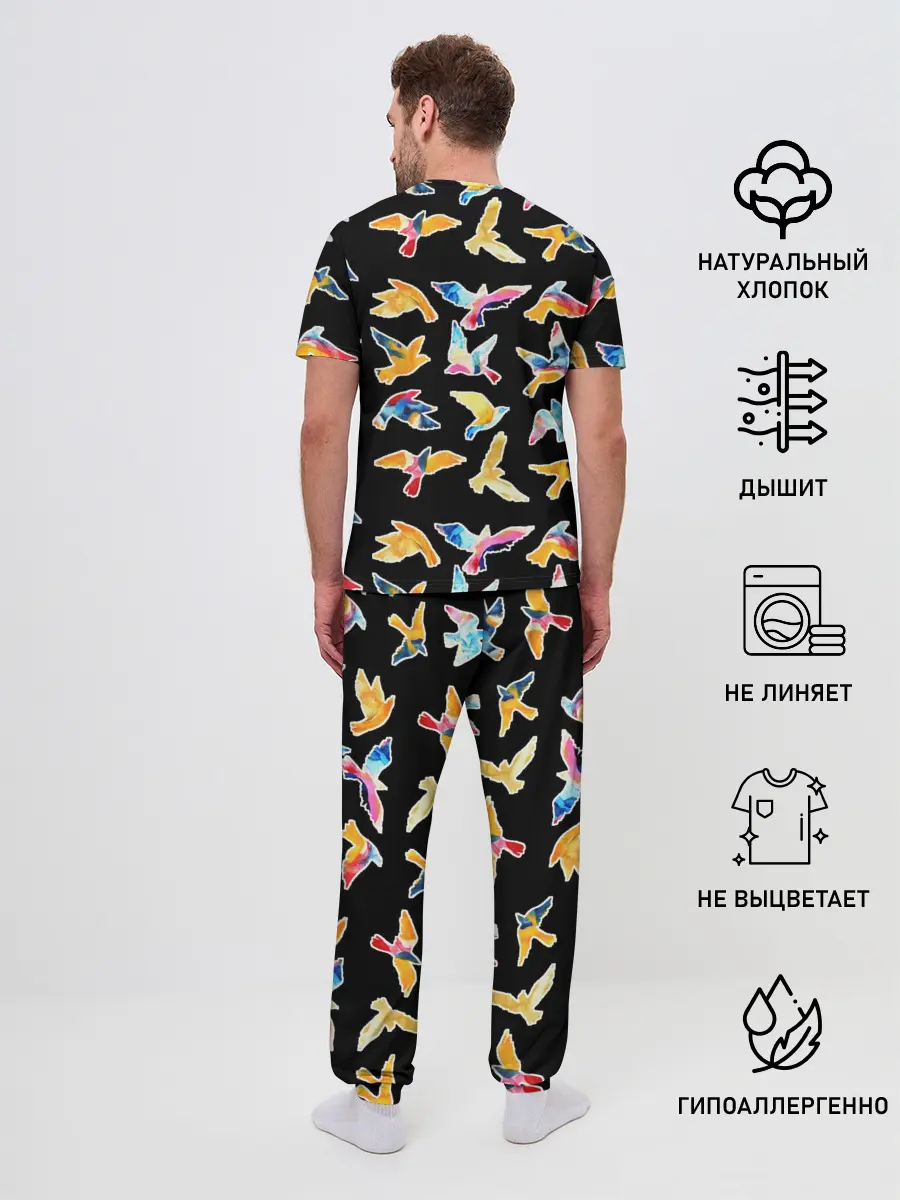 Мужская пижама с брюками / акварельные птицы
