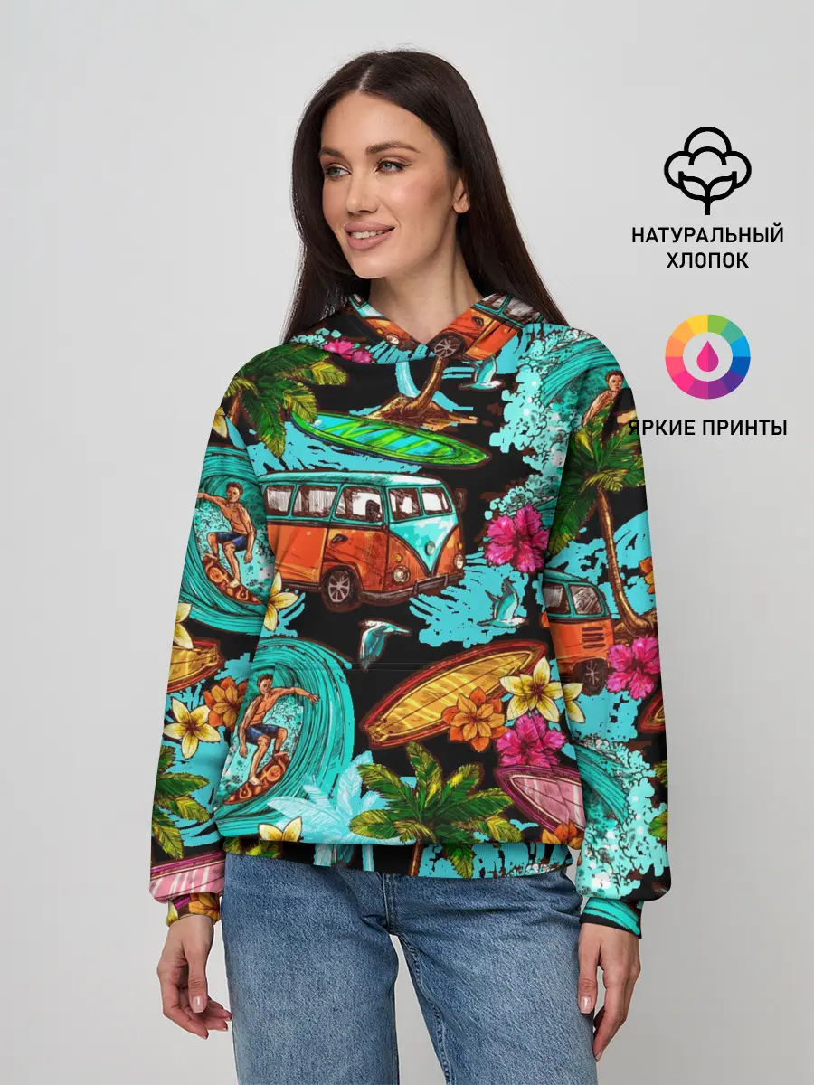 Женское худи / Пальмы, волны, серфинг