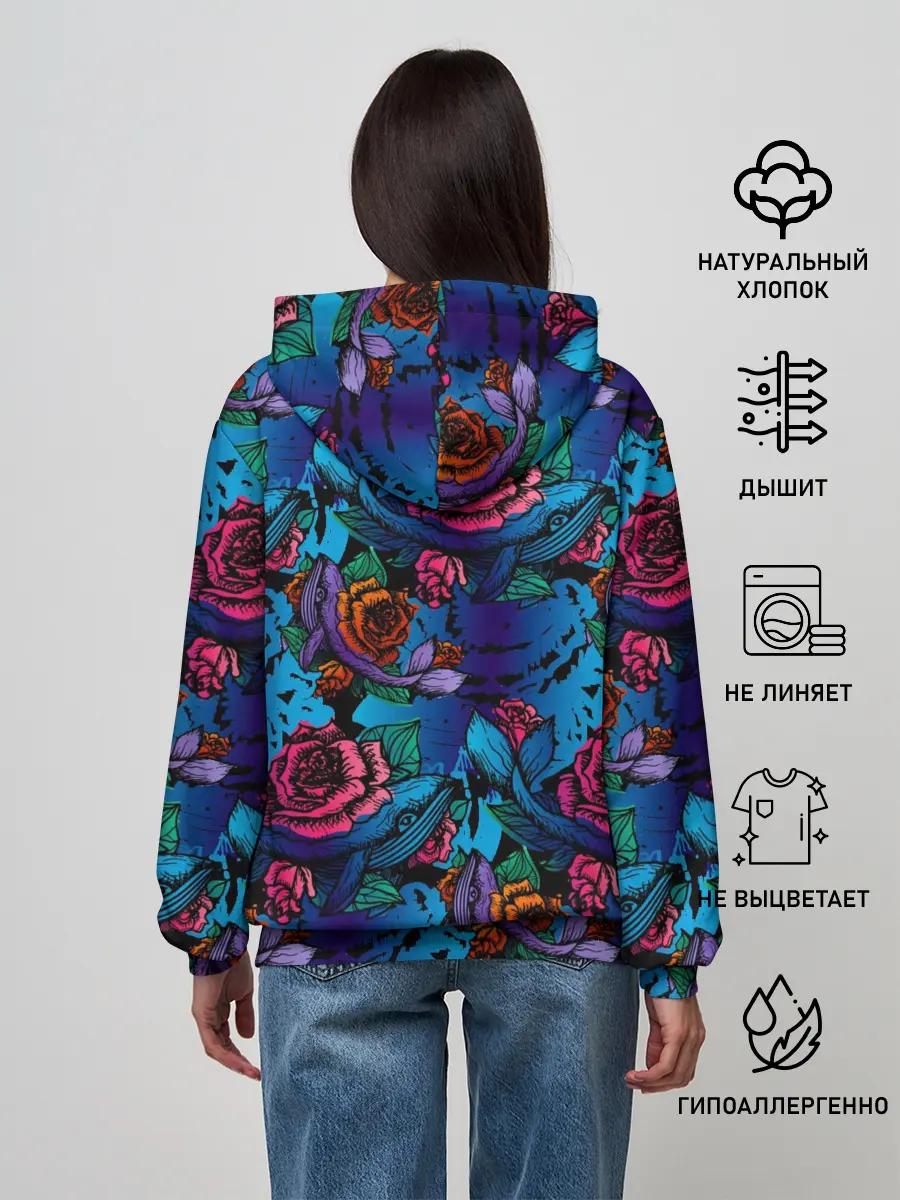 Женское худи / Киты и цветы