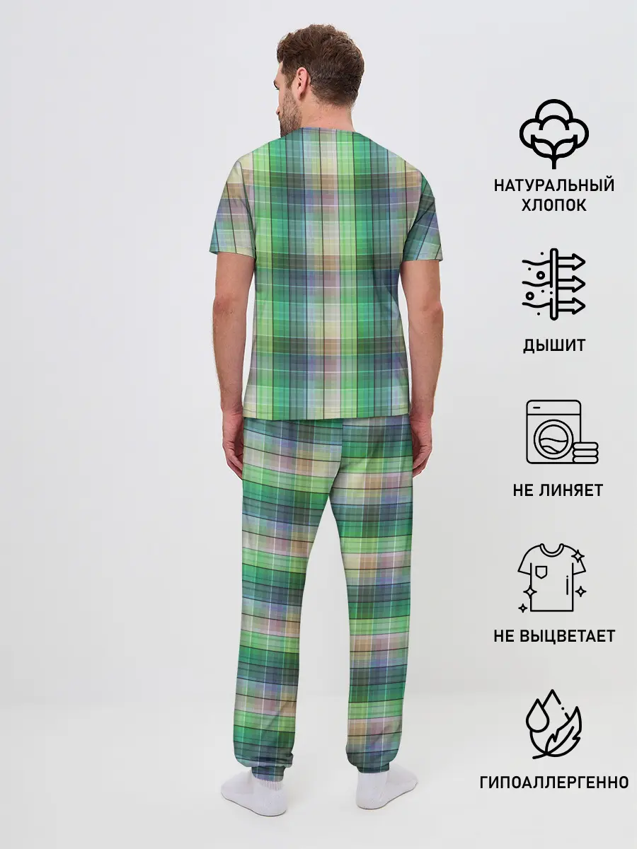 Мужская пижама с брюками / Зеленый клетчатый узор