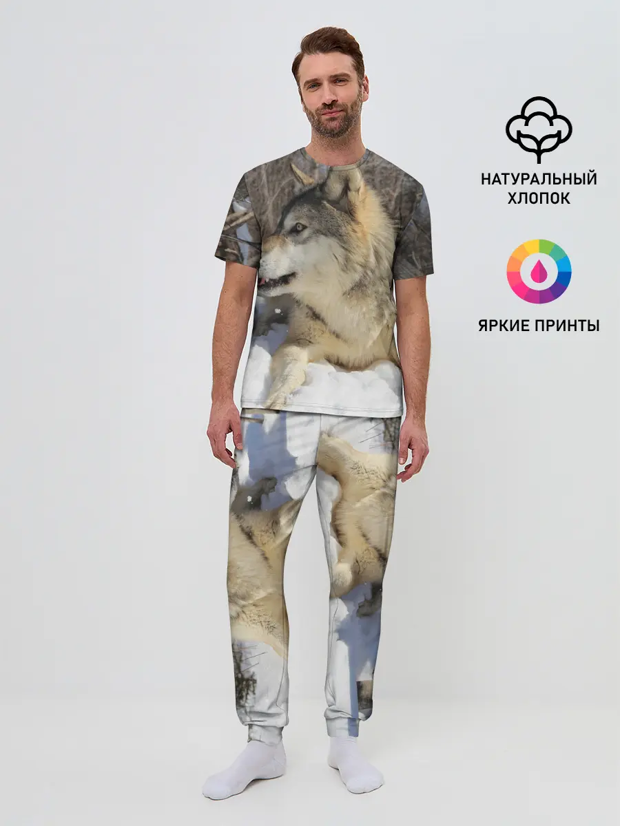 Мужская пижама с брюками / Волк лежит на снегу