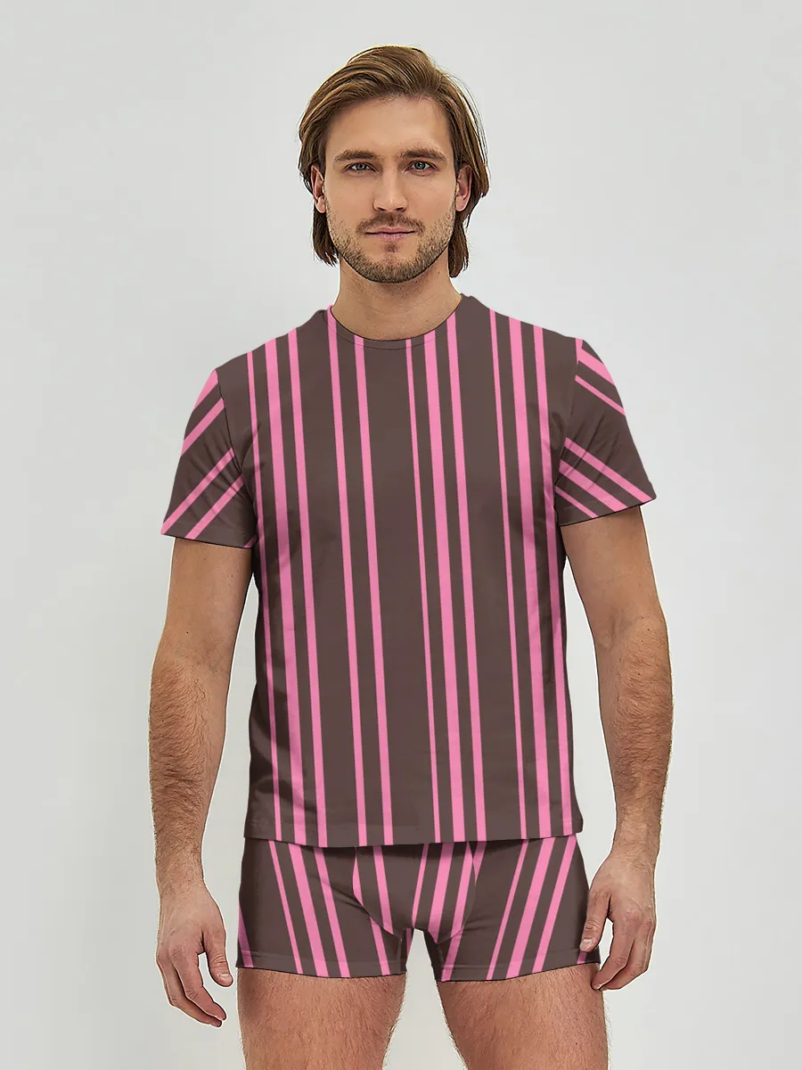 Мужские трусы с футболкой / Чёрно-розовые линии