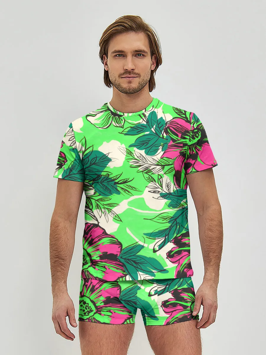 Мужские трусы с футболкой / Цветы в неоне