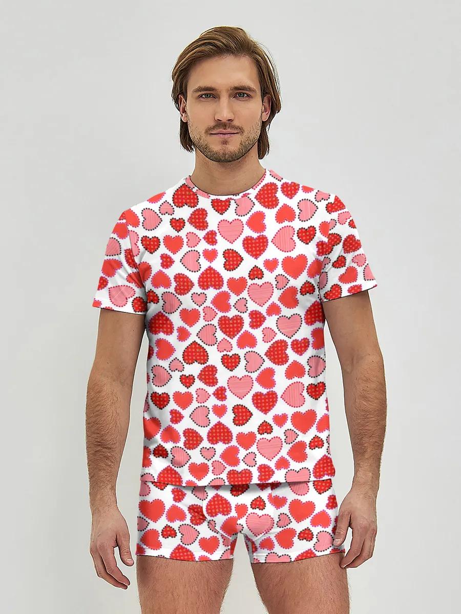 Мужские трусы с футболкой / Сердечки паттерн