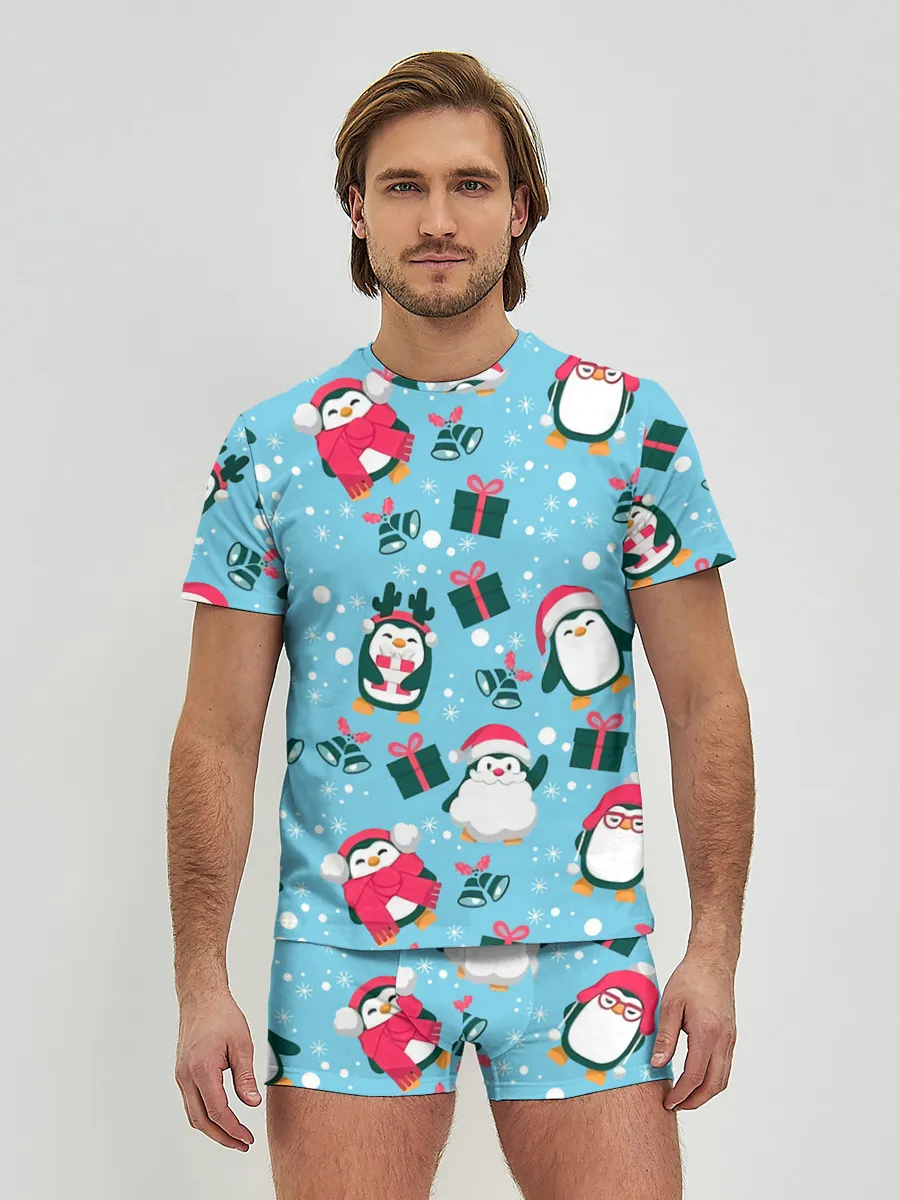 Мужские трусы с футболкой / Новогодние Пингвины