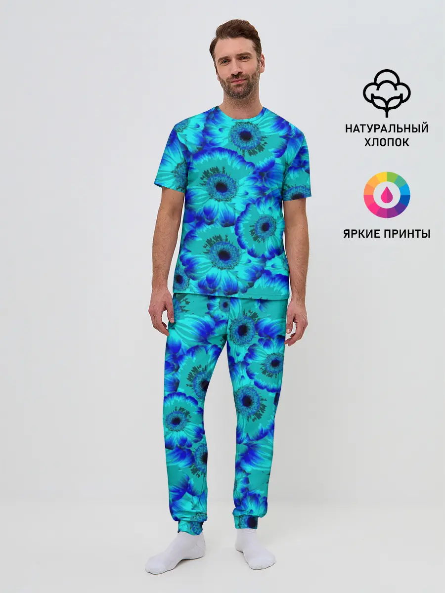 Мужская пижама с брюками / Голубые хризантемы