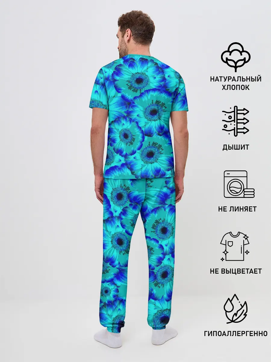 Мужская пижама с брюками / Голубые хризантемы