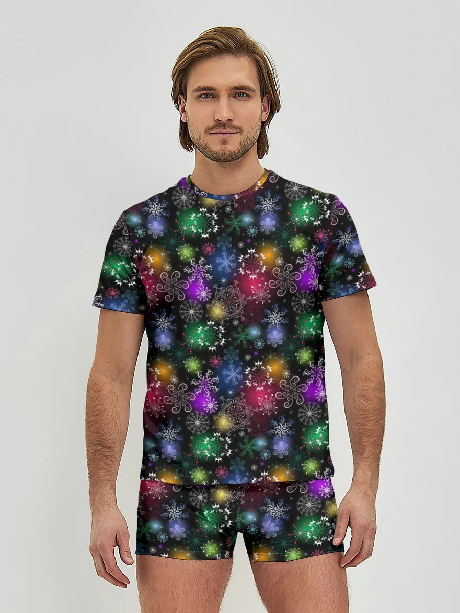 Мужские трусы с футболкой / Снежинки в разных цветах