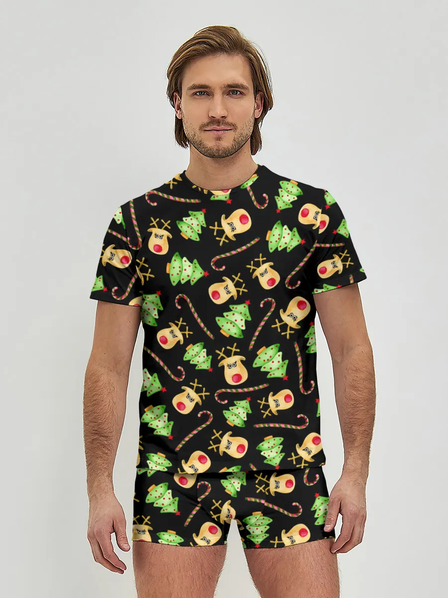 Мужские трусы с футболкой / Олени, елки и карамель