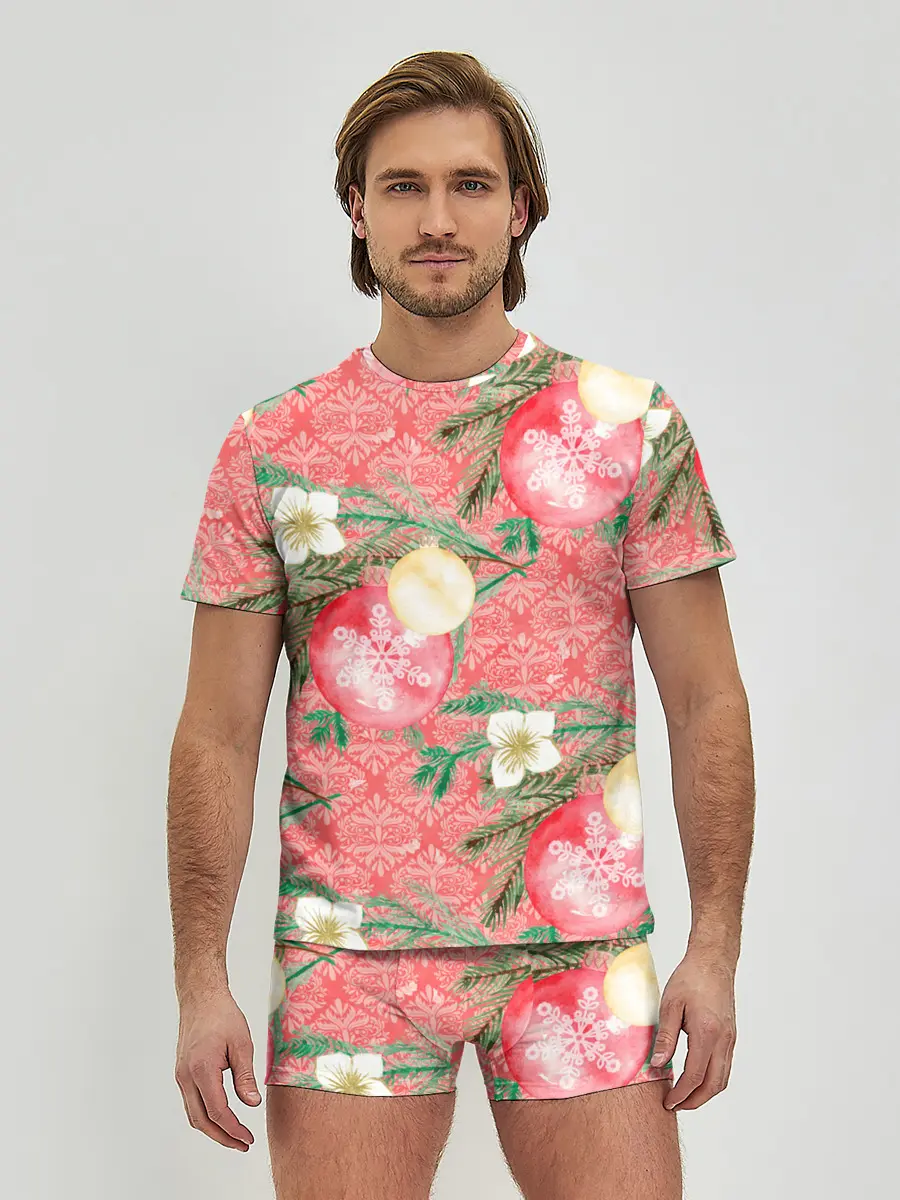 Мужские трусы с футболкой / Новогодние красные шары