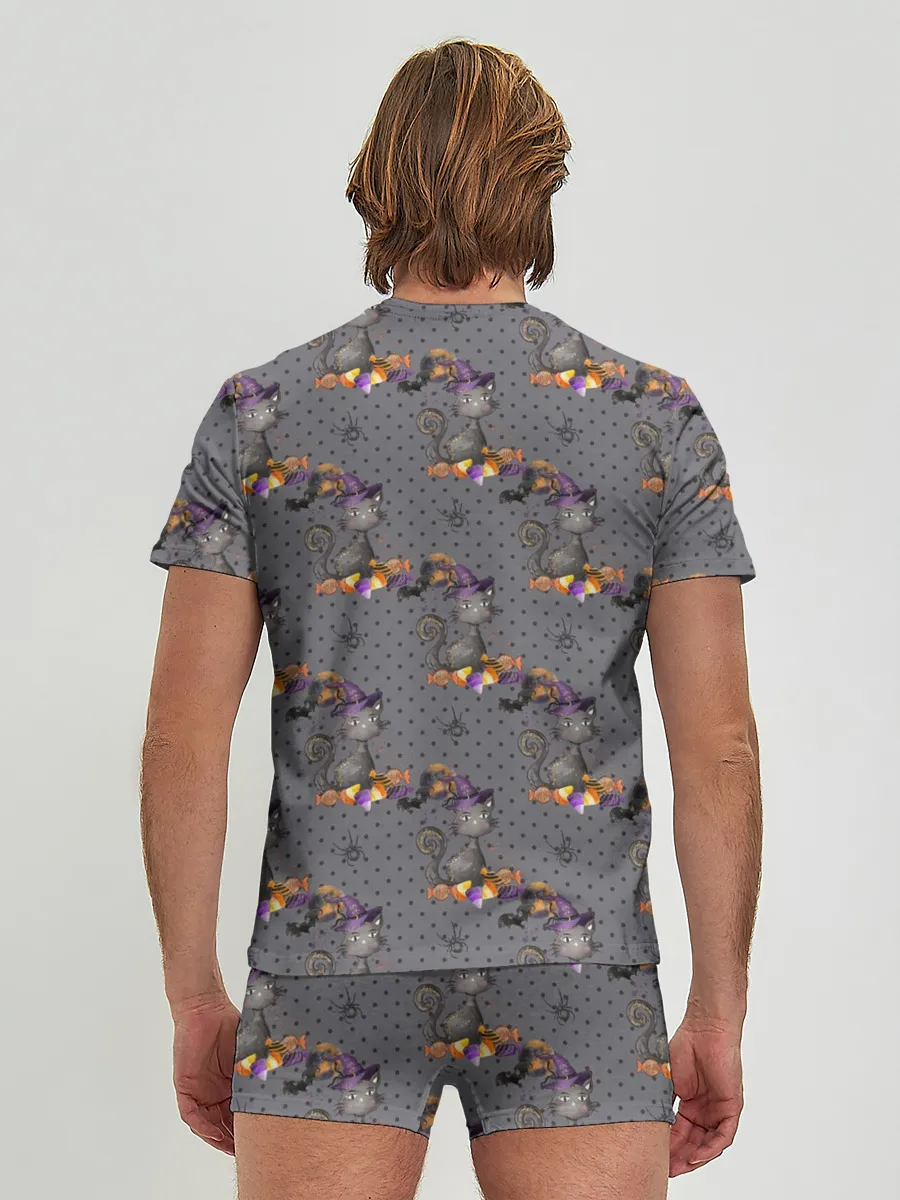 Мужские трусы с футболкой / Кот с тыквой хэллоуин