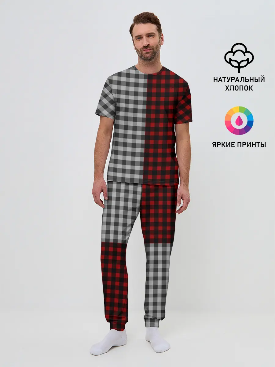 Мужская пижама с брюками / Красно белая рубашка в клетку
