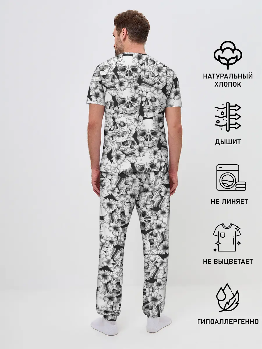 Мужская пижама с брюками / Черепа в цветах